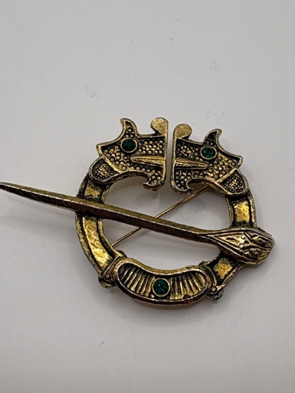 Antique-Style Celtic Brooch Pin with Green Accents